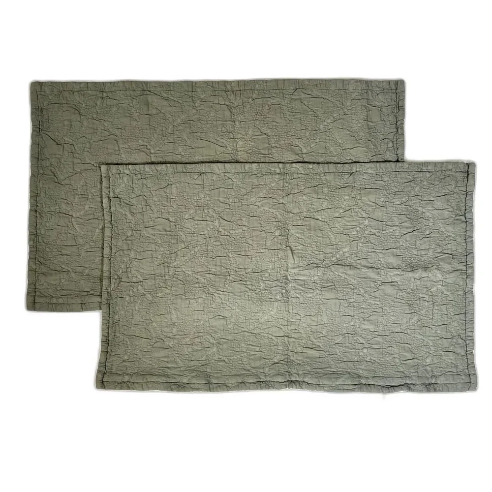 Restoration Hardware (2) King Pillow Shams Green Textured Cotton Zip Closure EUC